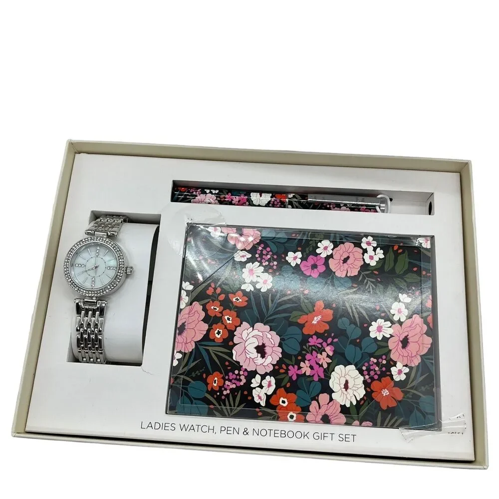 Gift Set Watch Notebook Pen Floral Women In Box Untested Pink Green Silver Tone